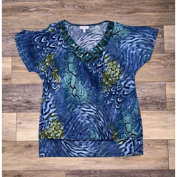 Fashion Bug Beaded V-Neck Blouse Animal Print Top Short Sleeve XL - Picture 1 of 7